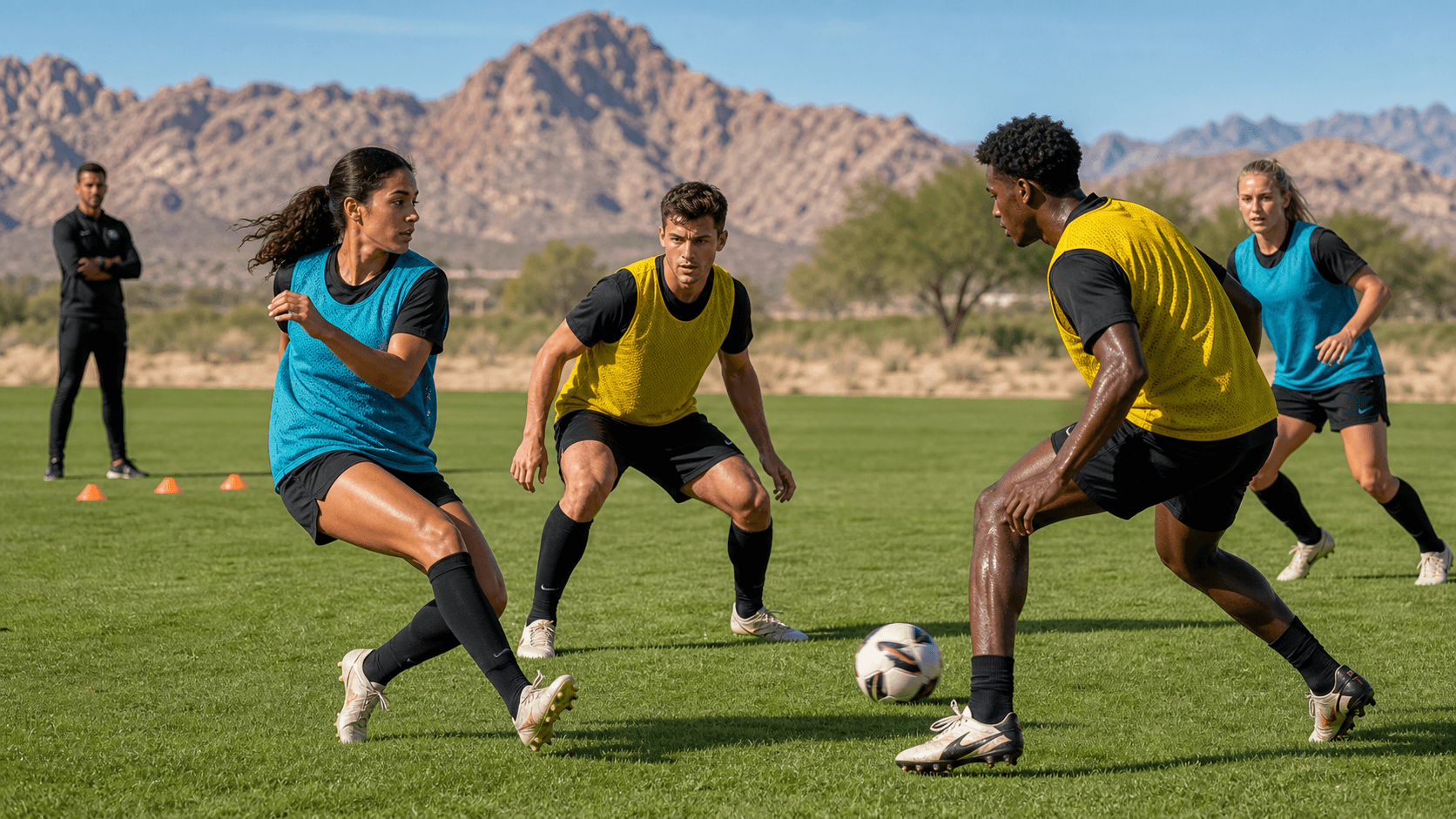 Soccer player in a red jersey dribbles a ball on a sunlit field, with teammates blurred behind.