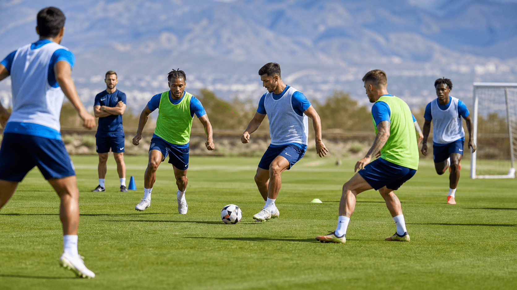 Soccer players in blue training bibs practice on a green field under stadium lights.
