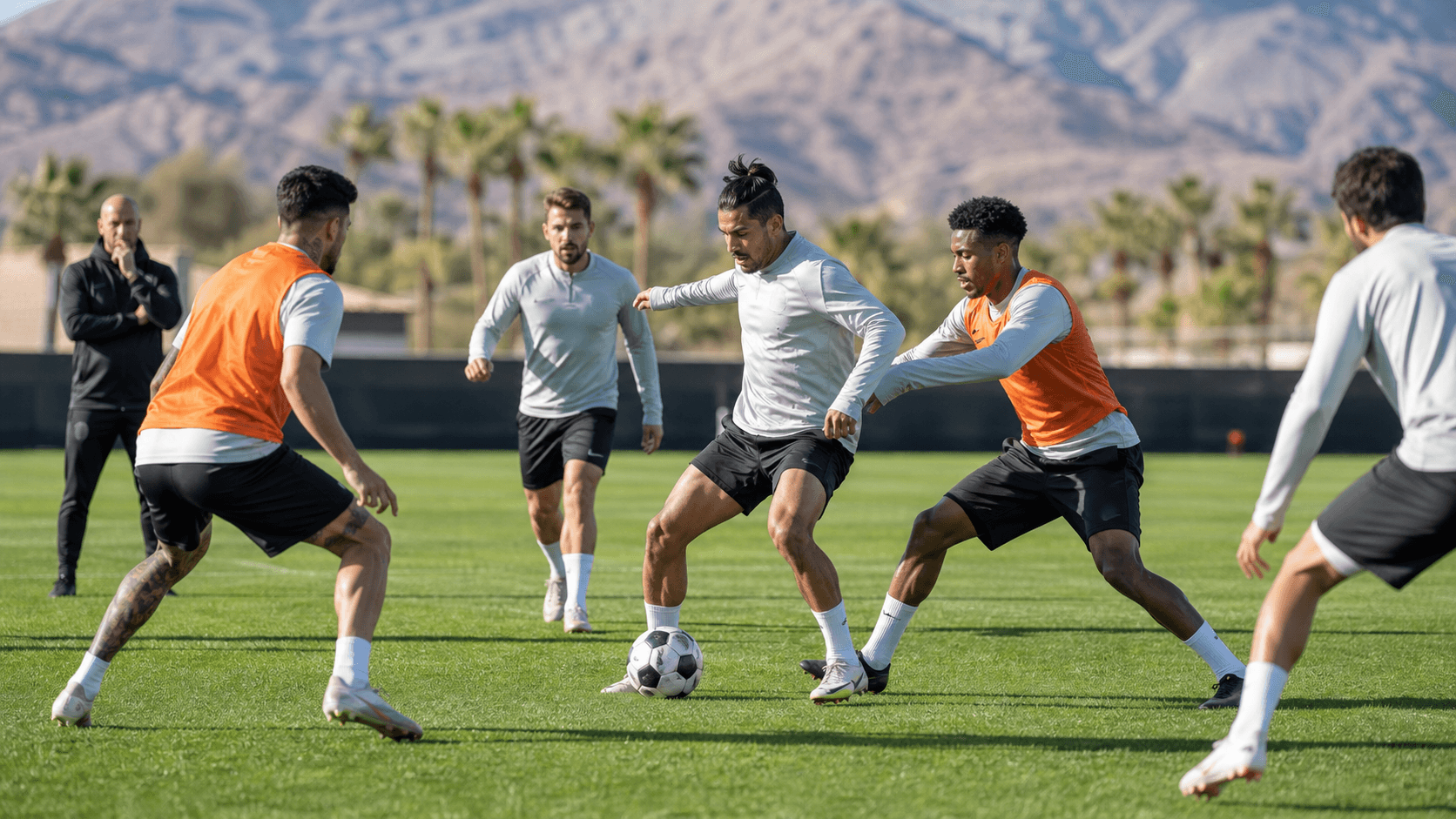 Young soccer players in colorful jerseys practice passing on a sunny green field with a coach nearby.