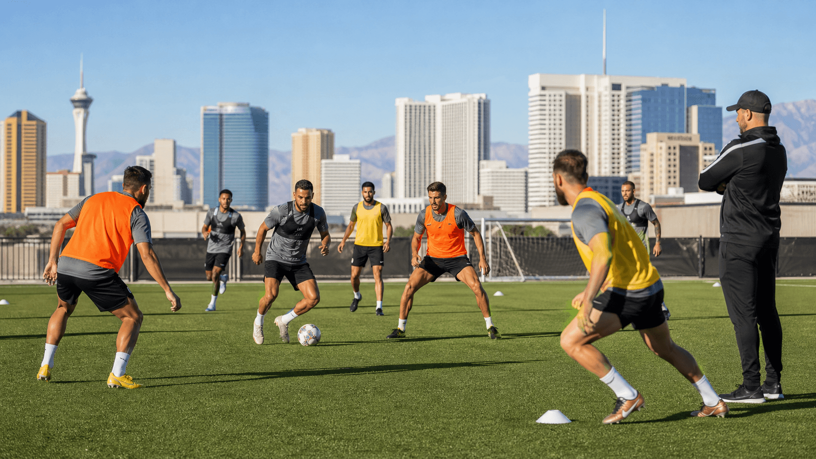 Sunlit Las Vegas soccer field with children practicing drills beneath palm trees and distant mountains.