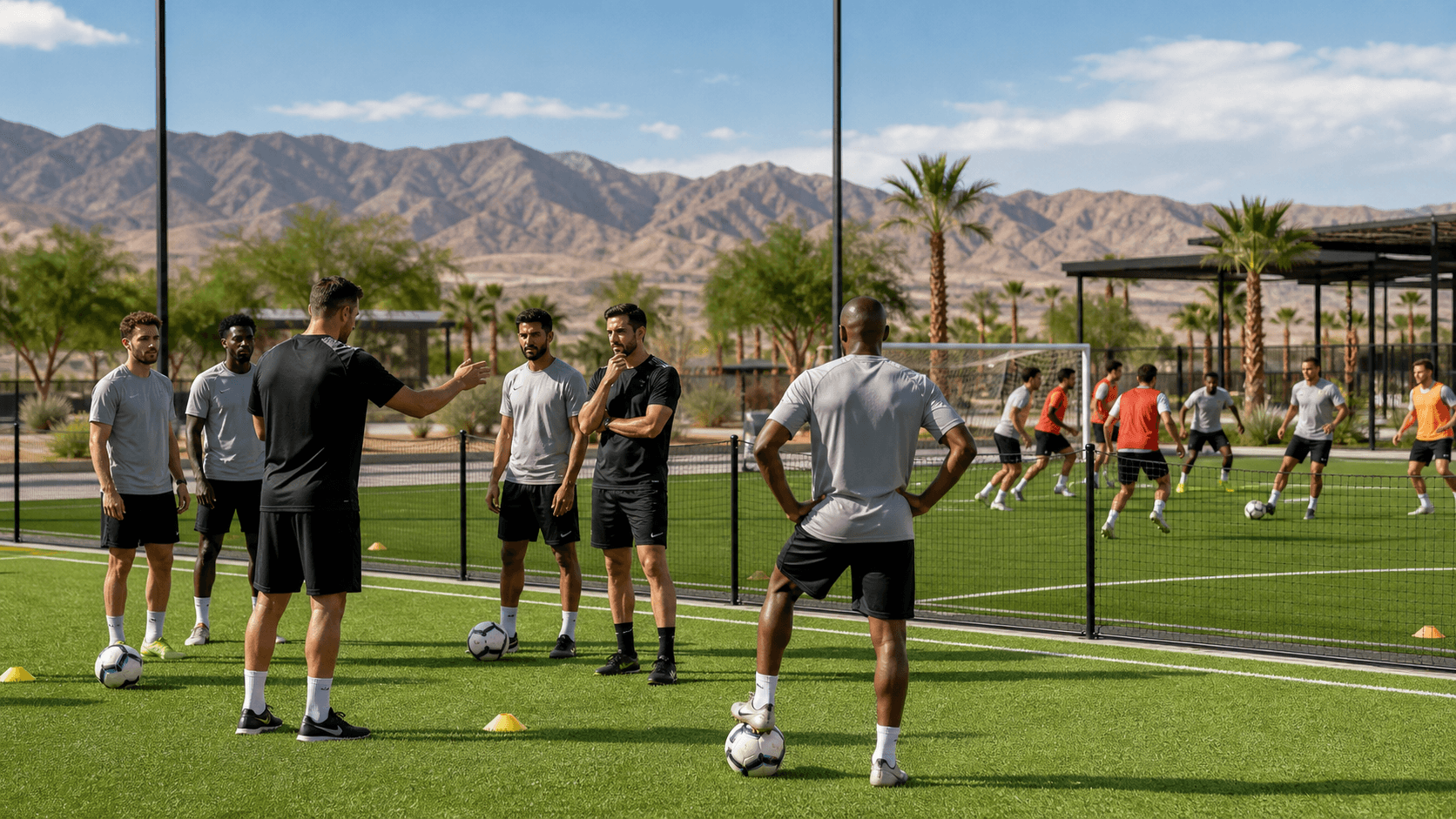 Youth soccer players in colorful jerseys practice on a sunny Las Vegas field with mountains in the distance.
