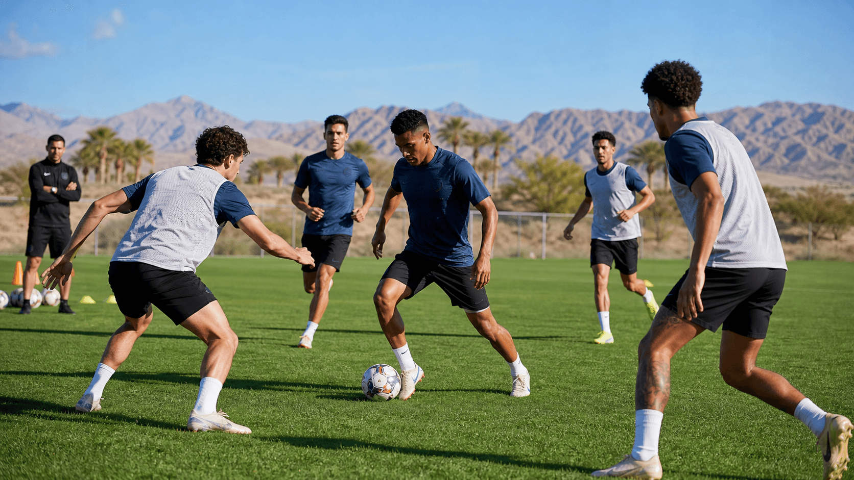 Soccer ball on a green field beside orange cones under bright spring sunlight and a blue sky.