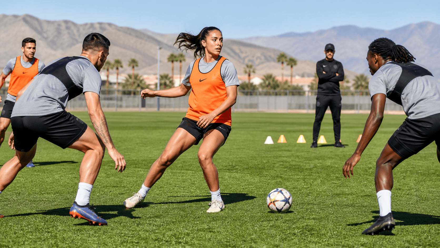 Young soccer players in colorful jerseys practice on a sunny green field with cones and a coach nearby.